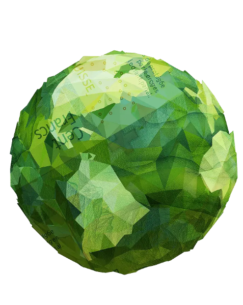Low-poly green globe wrapped in Swiss banknotes