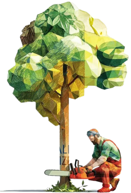 Low-poly forester harvesting a Kiri tree